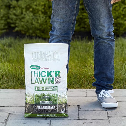 Scotts Turf Builder Thick'R Lawn Tall Fescue Mix, Combination Seed, Fertilizer and Soil Improver, Thickens Thin Grass, 12 lbs