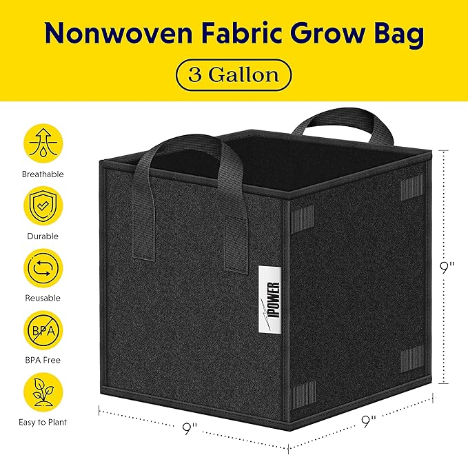 iPower GLGROWBAGCUBIC3X5 20 Pack 3 Gallon Square Grow Bags Thick Fabric Planting Pots with Handles for Indoor and Outdoor Garden, Black
