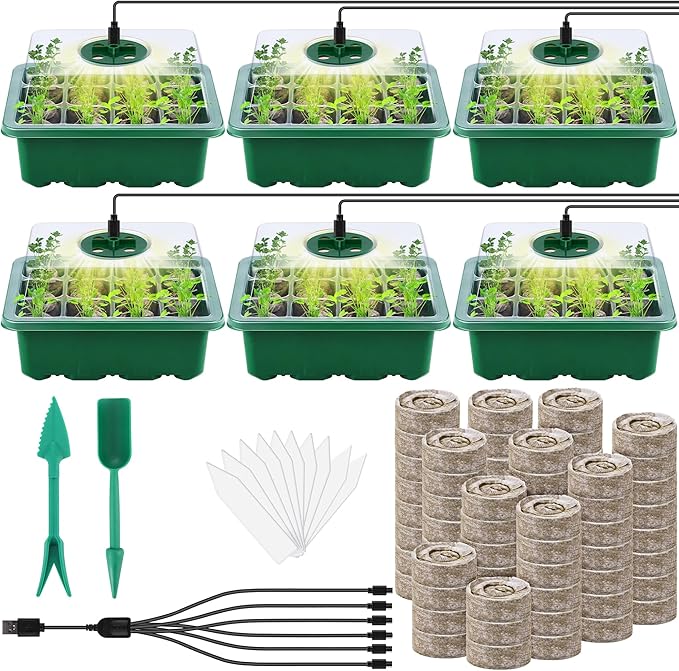 6 Pack Seed Starter Tray Kit with Grow Light and Humidity Dome Germination Trays, 72 Peat Pellets, Plant Labels, Gardening Tools, Green, Modern Style, 7.3 x 5.7 x 4.5 inches