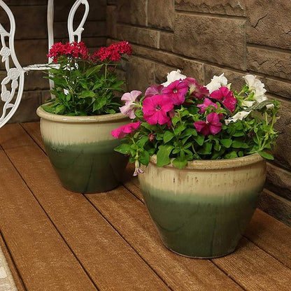 Sunnydaze Round Ceramic Planter - Set of 2 Indoor or Outdoor Plant Pots with Drainage Hole - Chalet - 12" - Seafoam Glaze