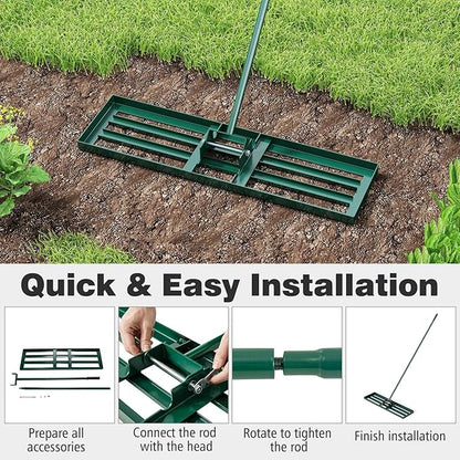 36" x 10" Lawn Leveling Rake, Heavy Duty Landscape Rake with 67" Handle, Non-Slip Grip & Flat Head, Space-Saving Lawn Level Tool for Garden, Backyard, Golf Course & Sports Field(Green)