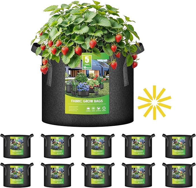 iPower 10 Pack 5 Gallon Grow Bags with Labels, 300G Thickened Nonwoven Plant Fabric Pots with Handles, Aeration Garden Grow Pots for Tomato Potato Vegetables, Fruits, Flowers, Black