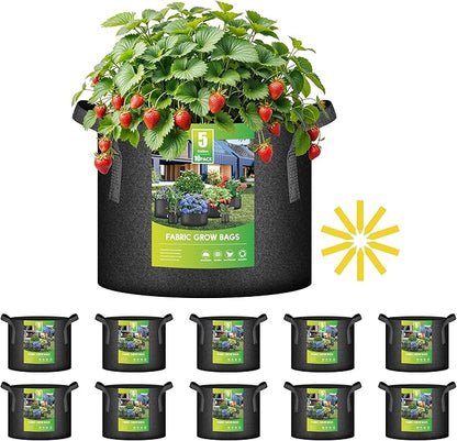 iPower 10 Pack 5 Gallon Grow Bags with Labels, 300G Thickened Nonwoven Plant Fabric Pots with Handles, Aeration Garden Grow Pots for Tomato Potato Vegetables, Fruits, Flowers, Black