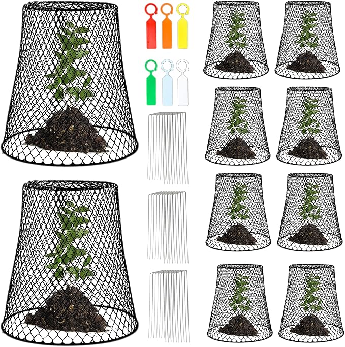 C CRYSTAL LEMON Garden Cloches for Plants, 10-Pack 9x9 in Wire Plant Protectors, Metal Plant Cages with 30 U-Shaped Ground Stakes & 20 Plant Labels, Protect Seedlings from Rabbits, Squirrels & Birds
