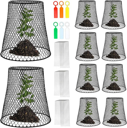 C CRYSTAL LEMON Garden Cloches for Plants, 10-Pack 9x9 in Wire Plant Protectors, Metal Plant Cages with 30 U-Shaped Ground Stakes & 20 Plant Labels, Protect Seedlings from Rabbits, Squirrels & Birds