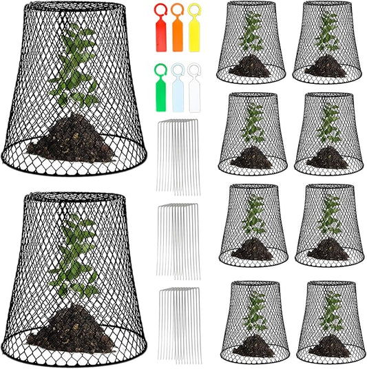 C CRYSTAL LEMON Garden Cloches for Plants, 10-Pack 9x9 in Wire Plant Protectors, Metal Plant Cages with 30 U-Shaped Ground Stakes & 20 Plant Labels, Protect Seedlings from Rabbits, Squirrels & Birds