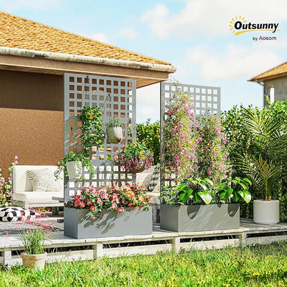 Outsunny Galvanized Raised Garden Bed with Trellis, Metal Planter Box with Drainage Holes, Outdoor Privacy Screen for Climbing Plants, Vegetable, Vines, 35" x 16" x 70", 2 Pack, Gray Wood Effect
