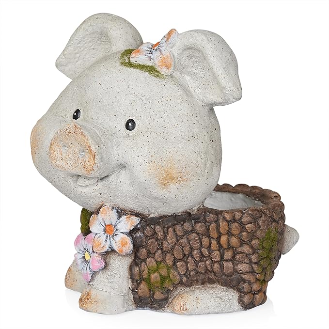 Alpine Corporation WQA1596 Smiling Pig Statue Planter w/Drainage Hole, Stylish Decor for Garden, Patio, & Lawn, 13" H, Gray