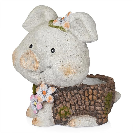 Alpine Corporation WQA1596 Smiling Pig Statue Planter w/Drainage Hole, Stylish Decor for Garden, Patio, & Lawn, 13" H, Gray