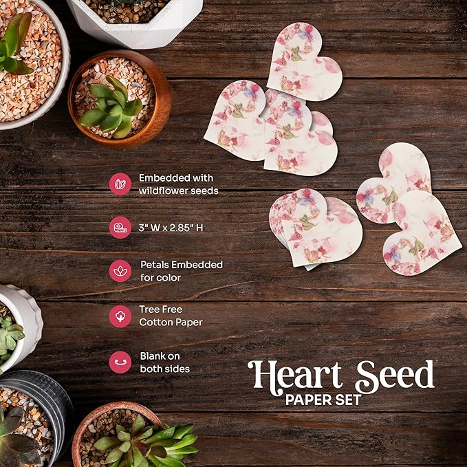 Set of 24 Pink Heart Seed Paper – Writable & Plantable Wildflower Hearts with Envelopes & Planting Guides, Gift for Moms or Plant Lovers for Mother’s Day, Heart Party Favors for Weddings & Showers