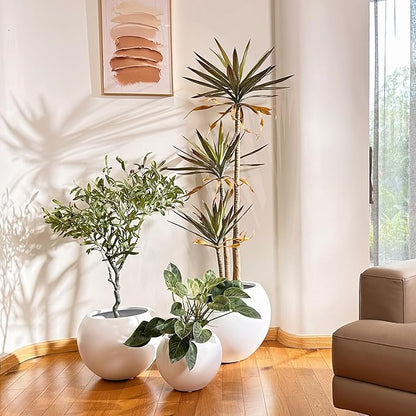 12.8" H x 16" D Globo Fiberstone Round Planter with Drainage Hole, Smooth Finishes, Weather Resistant for Indoor and Outdoor Use, Included 2 Extra Coco Mats (White, 10.7" Pot Opening)
