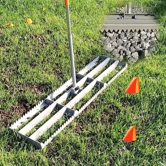 Lawn Leveling Rake, 2-in-1 Double Side can Switch, with 20pc Marking Flags to Mark Low Spot, Stainless + Powder-Coat, FLAT Level Soil/Dirt/Compost on Lawn, SERRATED Rake Dead Grass/Ruts/Gravel on Yard