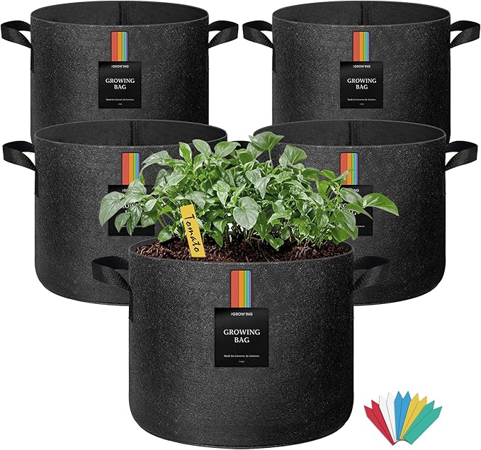 The Growing 5 Pack 5 Gallon Fabric Grow Bags，Thickened Aeration Nonwoven Fabric Plant Pots with Durable Handles,Heavy Duty 300G Planter Pot for Tomato, Fruits, Vegetables and Flowers, Black