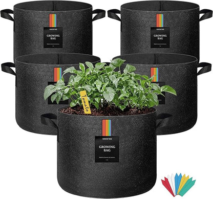 The Growing 5 Pack 5 Gallon Fabric Grow Bags，Thickened Aeration Nonwoven Fabric Plant Pots with Durable Handles,Heavy Duty 300G Planter Pot for Tomato, Fruits, Vegetables and Flowers, Black