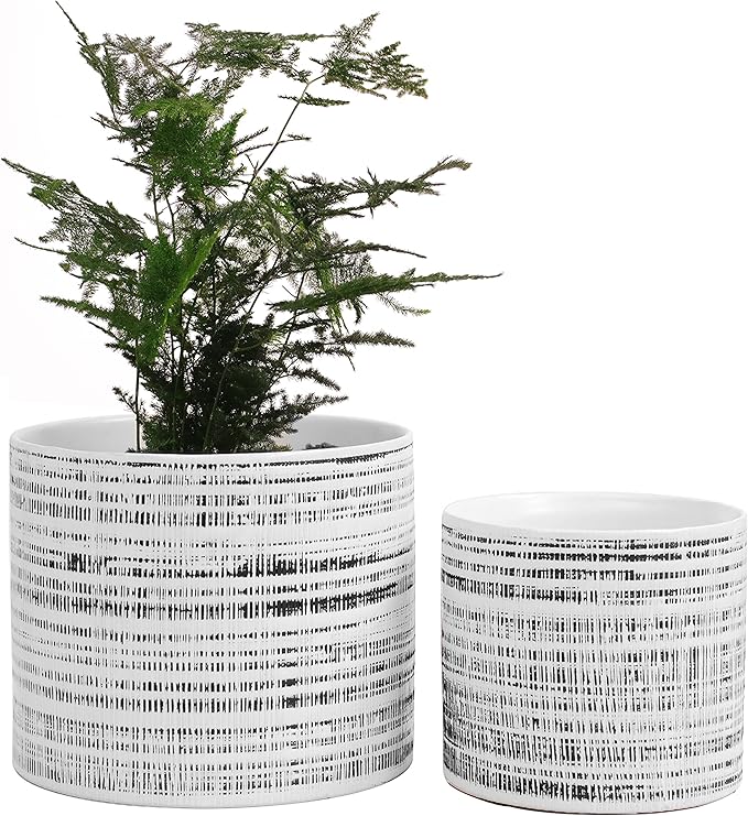 Plant Pots Indoor 2 Pack, 5 & 7 Inch Ceramic Planter Pots with Drainage Hole, Set of 2 Flower Pots - Herbs/Snake/Succulent/Orchid Cylinder Plant Pot(White)