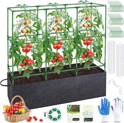 51x17x49 Inch Garden Tomato Cages with 46 Gallon Grow Bags, Square Plant Support Trellis Assembled with Planter Bags, Garden Cucumber Vegetables Frames for Vertical Climbing Plants