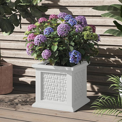 Rattan Style Outdoor Planter Box - 14.65-Inch-Square Decorative Flower or Plant Pot - Garden, Patio and Front Porch Decor by Pure Garden (White)