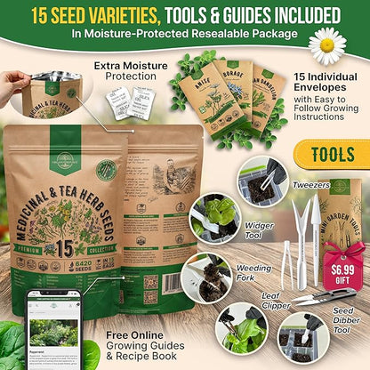 Organo Republic 15 Medicinal & Tea Herb Seeds Variety Pack 6,420+ Non-GMO Heirloom Garden Seeds for Indoor & Outdoors, Including Anise, Borage, Cilantro, Chamomile, Dandelion, Rosemary Seeds