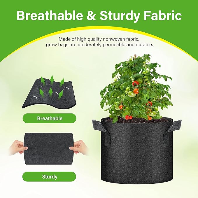 HealSmart 12-Pack 5 Gallon Grow Bags, Nonwoven Aeration Fabric Pots with Handles, Cloth Plant Pots, Suitable for Garden Fruits, Vegetables, Tomato and Flowers, Black