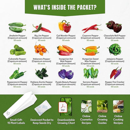 Sweet & Hot Pepper Seeds Variety Pack – 15 Varieties Mixed Heat Garden Collection, Jalapeno, Habanero, Cayenne, Serrano & Bell Types, 750+ Non-GMO Heirloom Seeds for Indoor & Outdoor Planting