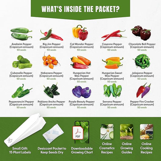 Hot & Sweet Pepper Seeds Variety Pack – 15 Varieties Mixed Heat Garden Collection, Jalapeno, Habanero, Cayenne, Serrano & Bell Types, 750+ Non-GMO Heirloom Seeds for Indoor & Outdoor Planting