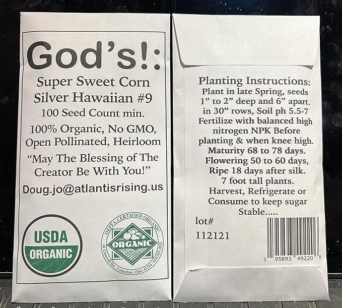 USDA, Organic, Silver, Hawaiian #9, Super, Sweet Corn, Heirloom, Open Pollinated, Non GMO