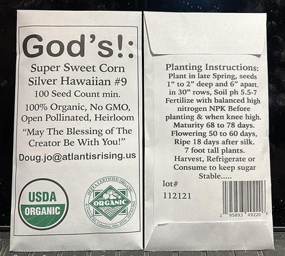 USDA, Organic, Silver, Hawaiian #9, Super, Sweet Corn, Heirloom, Open Pollinated, Non GMO