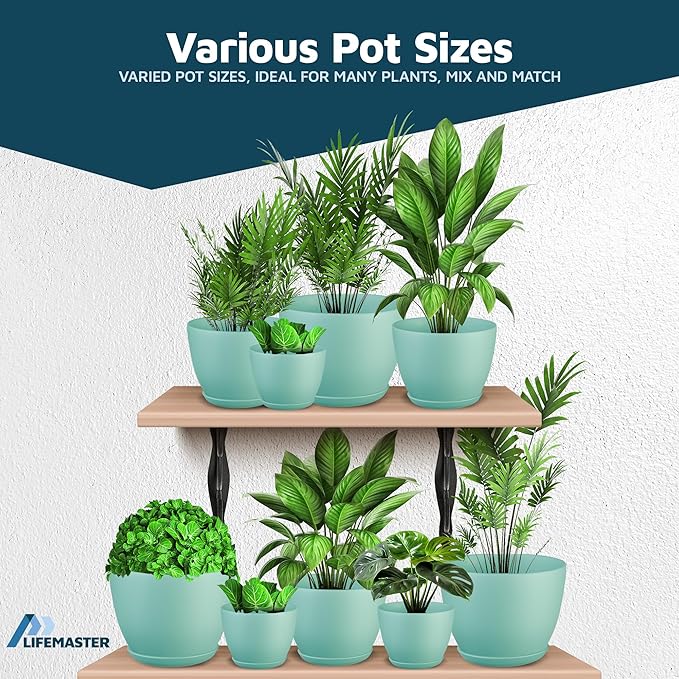 Aqua Plant Pots with Drainage Holes & Saucers 15 Pack, Indoor & Outdoor Stackable Space-Saving Planters for Houseplants & Flowers, (7", 6.7", 6", 5.3", and 4.8" Inches), Durable & Weatherproof