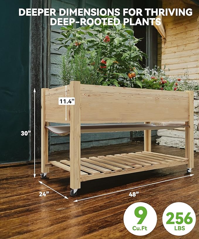 48x24x30in Raised Garden Bed with Wheels,Elevated Raised Planter Box Outdoor for Growing Vegetables and Herbs,Sturdy Wooden Raised Table Garden Bed with Legs-Enhanced Depth,Natural