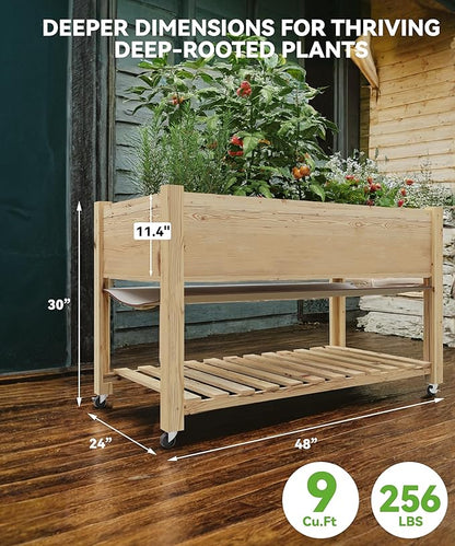 48x24x30in Raised Garden Bed with Wheels,Elevated Raised Planter Box Outdoor for Growing Vegetables and Herbs,Sturdy Wooden Raised Table Garden Bed with Legs-Enhanced Depth,Natural