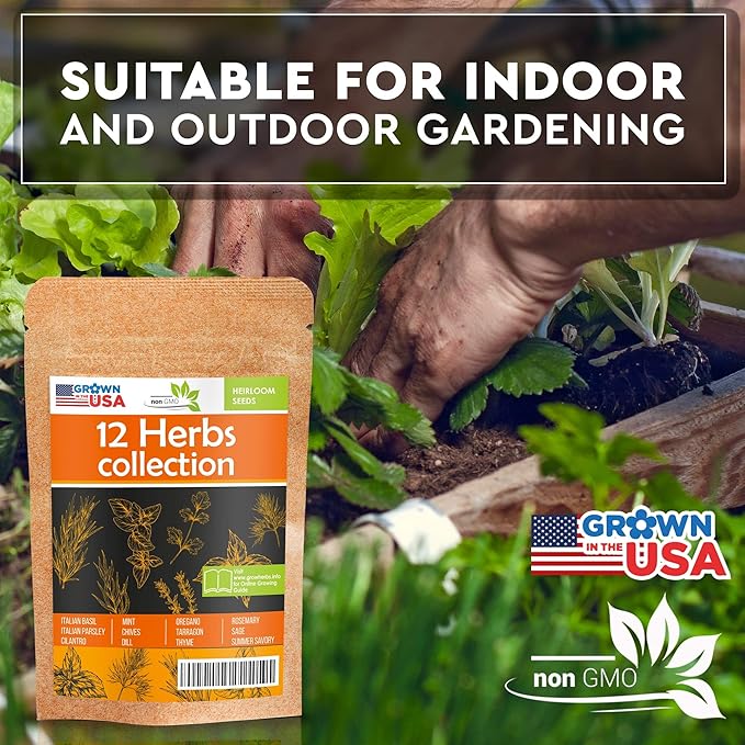 12 Culinary Herb Seeds Pack - Heirloom and Non GMO, Grown in USA - Indoor or Outdoor Garden - Basil, Parsley, Dill, Cilantro, Rosemary, Mint, Thyme, Oregano, Tarragon, Chives, Sage & More