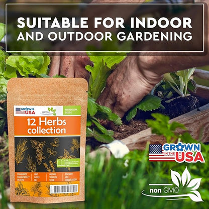 12 Culinary Herb Seeds Pack - Heirloom and Non GMO, Grown in USA - Indoor or Outdoor Garden - Basil, Parsley, Dill, Cilantro, Rosemary, Mint, Thyme, Oregano, Tarragon, Chives, Sage & More