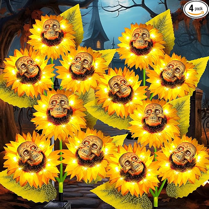 Halloween Decorations Outdoor, 4 Pack Solar Scary Skull Sunflowers Lights,Waterproof Solar Flowers Lights Garden Decor for Halloween Yard Patio Lawn Party Decor