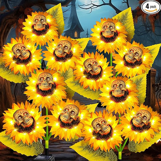 Halloween Decorations Outdoor, 4 Pack Solar Scary Skull Sunflowers Lights,Waterproof Solar Flowers Lights Garden Decor for Halloween Yard Patio Lawn Party Decor
