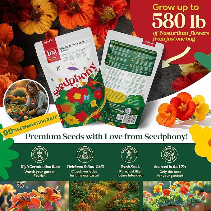 Nasturtium Seeds Pack 1 oz - 180 Non-GMO Heirloom Nasturtium Seeds for Planting, Perennial Flowers in Waterproof Seed Packet, Wildflower Seeds for Planting Garden Indoor & Outdoor Gardening