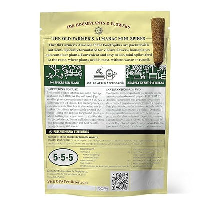 The Old Farmer's Almanac Houseplant & Flower Plant Food Mini Spikes - NPK 5-5-5 for Continuous Feeding and Vibrant Colors (12 Mini Spikes)