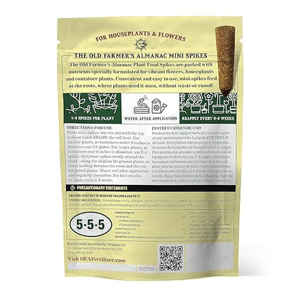 The Old Farmer's Almanac Houseplant & Flower Plant Food Mini Spikes - NPK 5-5-5 for Continuous Feeding and Vibrant Colors (24 Mini Spikes)