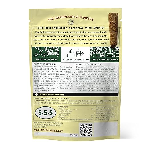 The Old Farmer's Almanac Houseplant & Flower Plant Food Mini Spikes - NPK 5-5-5 for Continuous Feeding and Vibrant Colors (72 Mini Spikes)
