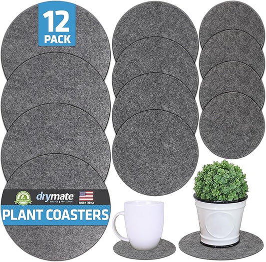 Drymate 12-Pack Plant Coasters (6 Inch, 8 Inch, 10 Inch), (4 of Each), Absorbent Fabric Mats, Waterproof, Protects Surfaces, Fast Drying, for Indoor & Outdoor Plants or Pots (USA Made) (Light Grey)