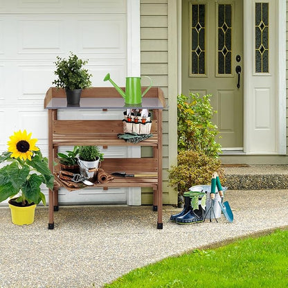 Yaheetech Outdoor Garden Potting Bench Table, Wooden Horticulture Planting Worstation w/Metal Tabletop/Storage Shelf/3 Hooks, Brown