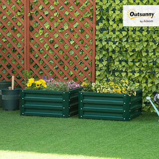 Outsunny 2 Piece Galvanized Raised Garden Bed, 2' x 2' x 1' Metal Planter Box for Growing Vegetables, Flowers, Herbs, Succulents, Green