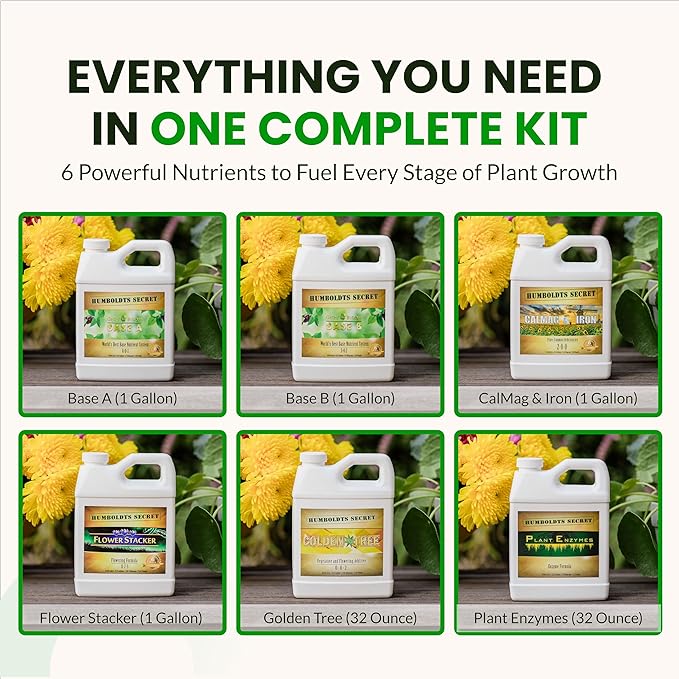 Humboldts Secret Starter Kit Pack XL | Indoor and Outdoor Plant Fertilizer and Hydroponic Nutrients | Base A & B, CalMag and Iron, Golden Tree, Flower Stacker, Plant Enzymes | Complete Garden System