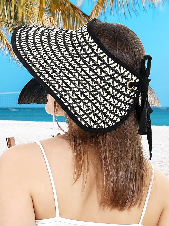 Womens Beach Straw Sun Hats Ponytail Hole Wide Brim Summer Visor Foldable Hat Sun Protection Packable for Travel Pool