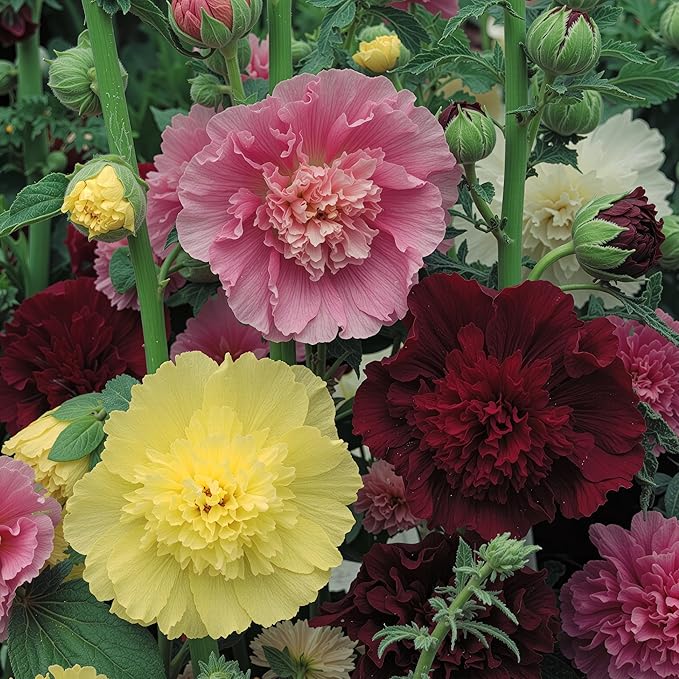 Seed Needs, Double Majorette Hollyhock Seeds - 100 Heirloom Seeds for Planting Alcea rosea - Mixed Biennial Flower That Attracts Pollinators to The Garden (2 Packs)