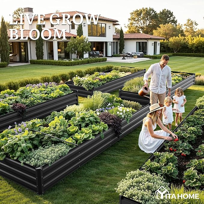 YITAHOME 6pcs 12x4x1 ft Galvanized Raised Garden Bed Kit, Large Metal Planter Box with Gloves, Safety Rubber & Support Rod, Outdoor Flower Bed for Plants Vegetables, Black
