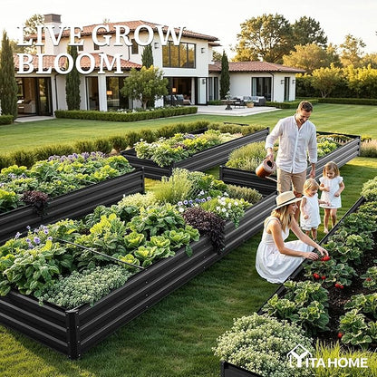 YITAHOME 6pcs 12x4x1 ft Galvanized Raised Garden Bed Kit, Large Metal Planter Box with Gloves, Safety Rubber & Support Rod, Outdoor Flower Bed for Plants Vegetables, Black