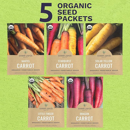 Organic Carrot Seeds Variety Pack - 5 Individual Packs - 2026 Season - Nantes, Little Finger, Dragon, Solar Yellow and More! for Indoor & Outdoor Planting (Non-GMO, Certified Organic)