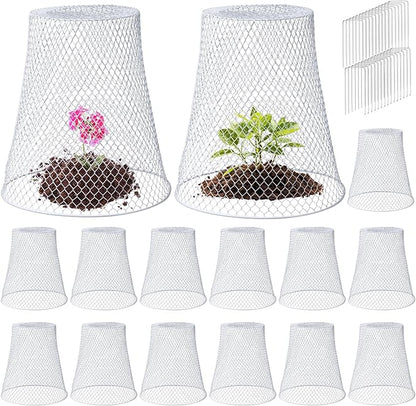 Therwen 15 Pcs Large Chicken Wire Cloche Plant Protector Cover 11x12 Inch Metal Garden Cloche Dome for Plants Wire Protection Basket with Garden Stakes Plant Cages from Animals (White)