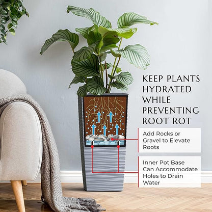 Mueller Janska M-Resin Heavy Duty Tall Planter, Indoor/Outdoor Grande Plant, Tree, Flower Pot, 2-Piece Set, 24”, Modern Design, Built-in Drainage, Light Gray