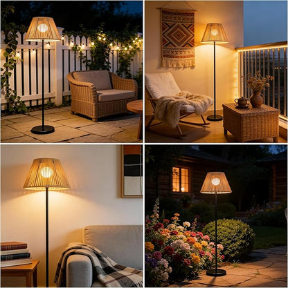 46" Solar Outdoor floor lamps for Patio Decor. Rattan Wicker Lights,Hand Woven Lamp Stable MetalLanterns Outdoor Waterproof Rechargeable,Ideal for Gardens, Yards, Pathways, Driveways and Porches.